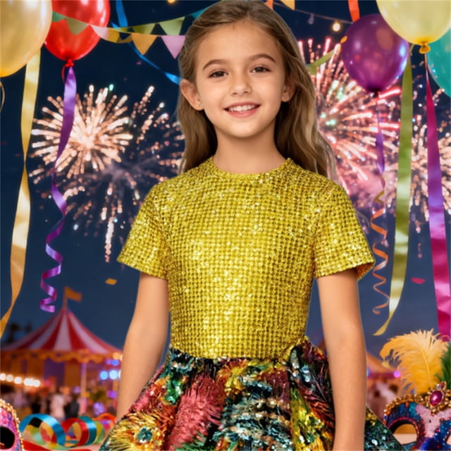 Haut de Performance à Paillettes pour Filles, T-Shirt de Danse à Manches Courtes, Tee Scintillant à Paillettes pour Scène, Spectacle pour Enfants et Récital