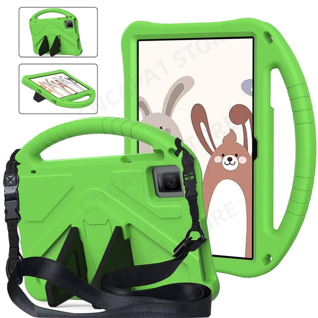 Portable Funda with rear kickstand for Acer Iconia Tab P10 case, designed for 10.4-inch tablet PCs. Made of durable green EVA foam, this shockproof and drop-resistant protective cover features a patchwork design, a built-in handle, and a detachable strap for easy carrying. Includes a rear kickstand for hands-free use and is compatible with Acer Iconia Tab P10. Ideal for kids' safety and tablet protection.
