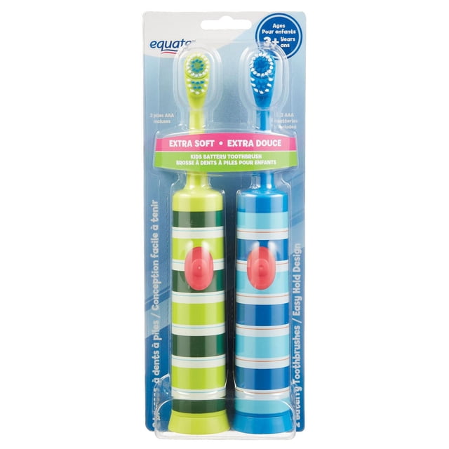 Equate™ Kids Battery Toothbrush, Extra Soft Bristles, Stripes, 2ct with two battery-powered toothbrushes featuring small oscillating heads and extra soft bristles. One toothbrush has green and dark green stripes with a red on/off button, the other has blue and light blue stripes with a red on/off button. Both have slim, easy-hold handles and include 2 AAA batteries. Suitable for children ages 3 and up.