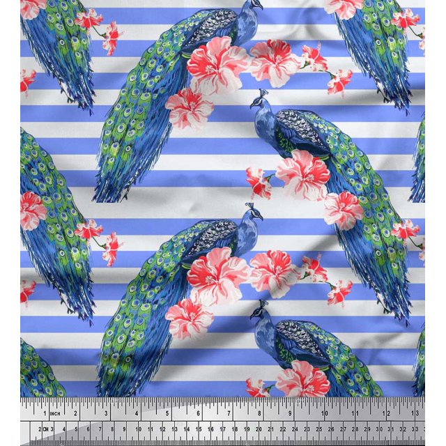 Soimoi Polyester Crepe Fabric Stripe,Floral & Peacock Bird Print Sewing Fabric Yard 52 Inch Wide