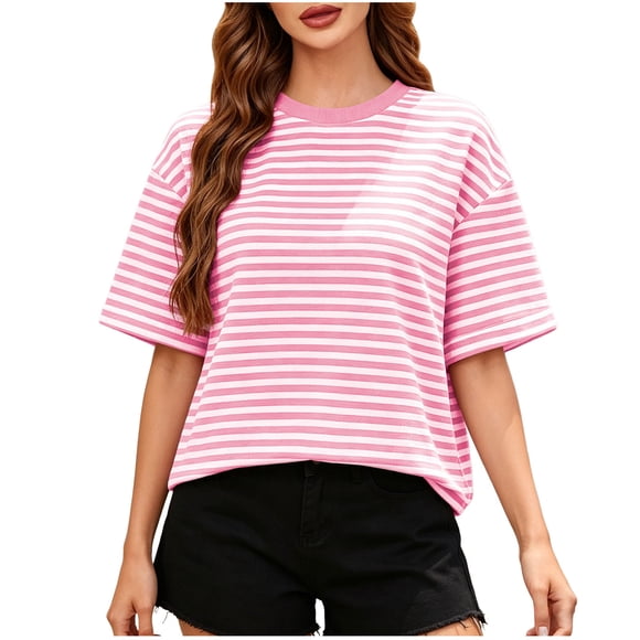 Hinvhai Womens Oversized Striped T Shirts Short Sleeve Fashion Casual Crewneck Summer Clothes Pink XXL(XXL)