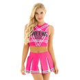 thumbnail image 1 of Aislor Ensemble Court de Pom-Pom Girl pour Femmes avec Mini Jupe Plissée Ensemble d'Uniforme de Cheerleading Rose Vif P, 1 of 7