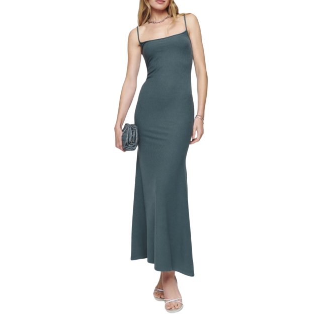 FOCUSNORM Femmes Bretelles Spaghetti Robe Sans Manches Été en Tricot Couleur Unie Longue Robe de Soirée pour la Plage Cocktail Boîte de Nuit