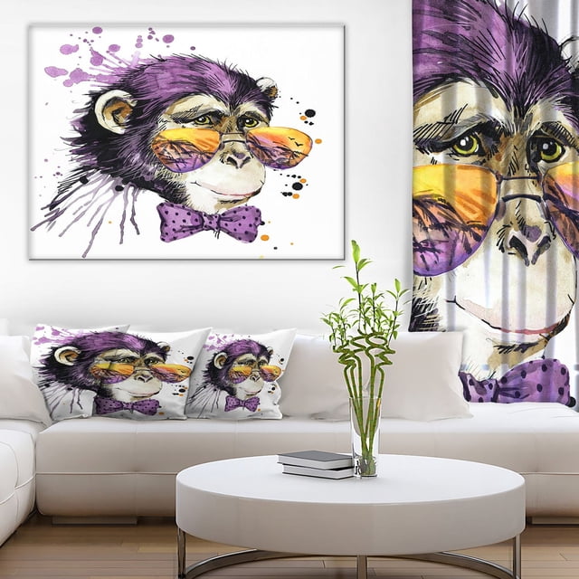 Design Art Impression sur Toile de Singe Cool Représentant un Singe Violet Portant des Lunettes de Soleil Teintes Orange et un Nœud Papillon à Pois Violet, Galerie Enveloppée et Prête à Accrocher sur un Mur Blanc au-Dessus d'Un sofa Blanc avec Coussins et Rideau Assortis, dans un Salon Moderne avec une table Basse Ronde Blanche et une Plante Verte, 100 % Conçue et Fabriquée au Canada.