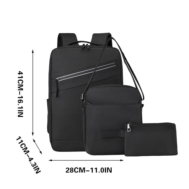 Rbaofujie Fishing Backpack Business Three Piece Backpack for Men, featuring a large capacity design with a spliced student school bag and a fashionable computer bag. The set includes a large backpack, a medium-sized bag, and a small pouch, all in a sleek black polyester material. The large backpack measures 41 cm (16.1 in) in height, 28 cm (11.0 in) in width, and 11 cm (4.3 in) in depth. The design includes ergonomic padded shoulder straps, a front zipper pocket, and a hidden back pocket for secure storage. Suitable for school, business, travel, and outdoor activities.