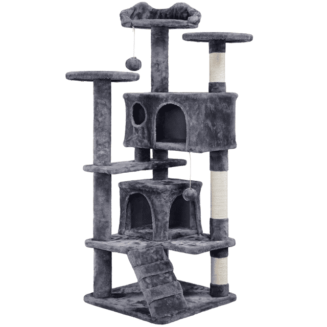 Yaheetech Arbre à Chat Tour de 54 Po avec 3 Poteaux à Griffer en Gris Foncé. Cet Arbre à Chat à Plusieurs Niveaux Comprend Trois Perchoirs Supérieurs pour Se Détendre, Deux condos Douillets pour Cache-Cache et Trois Poteaux à Griffer en Corde de sisal pour Favoriser un Comportement Positif de Griffage. Fabriqué en Panneau de Particules, Peluche et sisal, Comprend une Sangle de Sécurité pour L'Adhérence Murale pour Prévenir le Basculement. Conçu pour les Chats Petits à Moyens, Il Mesure 19 Po L X 19 Po L X 54 Po H et