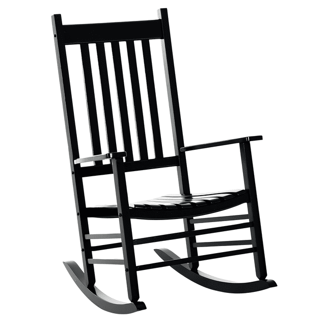Outsunny Wooden Porch Rocking Chair in black, designed for outdoor and indoor use. Made from durable poplar wood and bamboo with a polyurethane coating for UV and water resistance. Features a traditional slatted backrest, wide seat, and armrests for comfort. Dimensions are 27.25 inches long, 33.75 inches wide, and 45.25 inches high, with a weight capacity of 350 lbs.