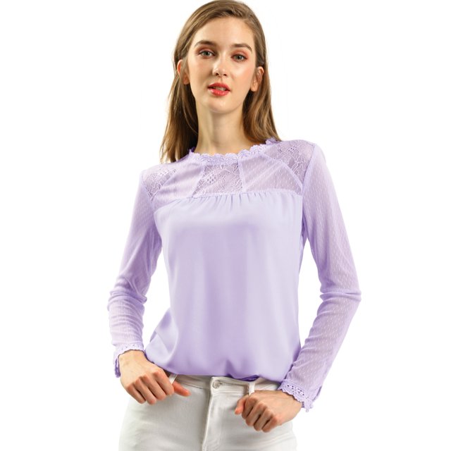 INSPIRE CHIC Haut à Manches Longues en Mousseline à Col Rond en Dentelle Florale pour Femme