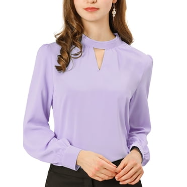 INSPIRE CHIC Women's Keyhole Stand Collar Pleated Back Button Blouse Tops