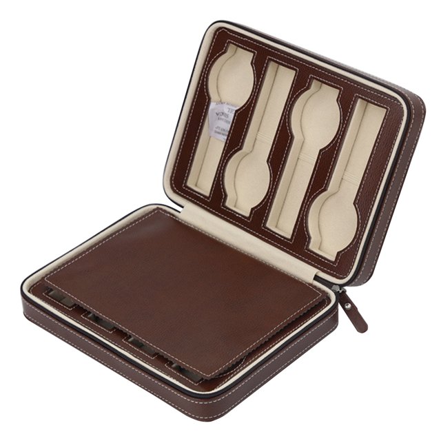 MasteelfCA Portable Zippered Watch Travel Case Holder 8 Compartments Watches Interior Storage Organizer Watch Collection Travel Bag (Brown 8 Watch Box Compartments)