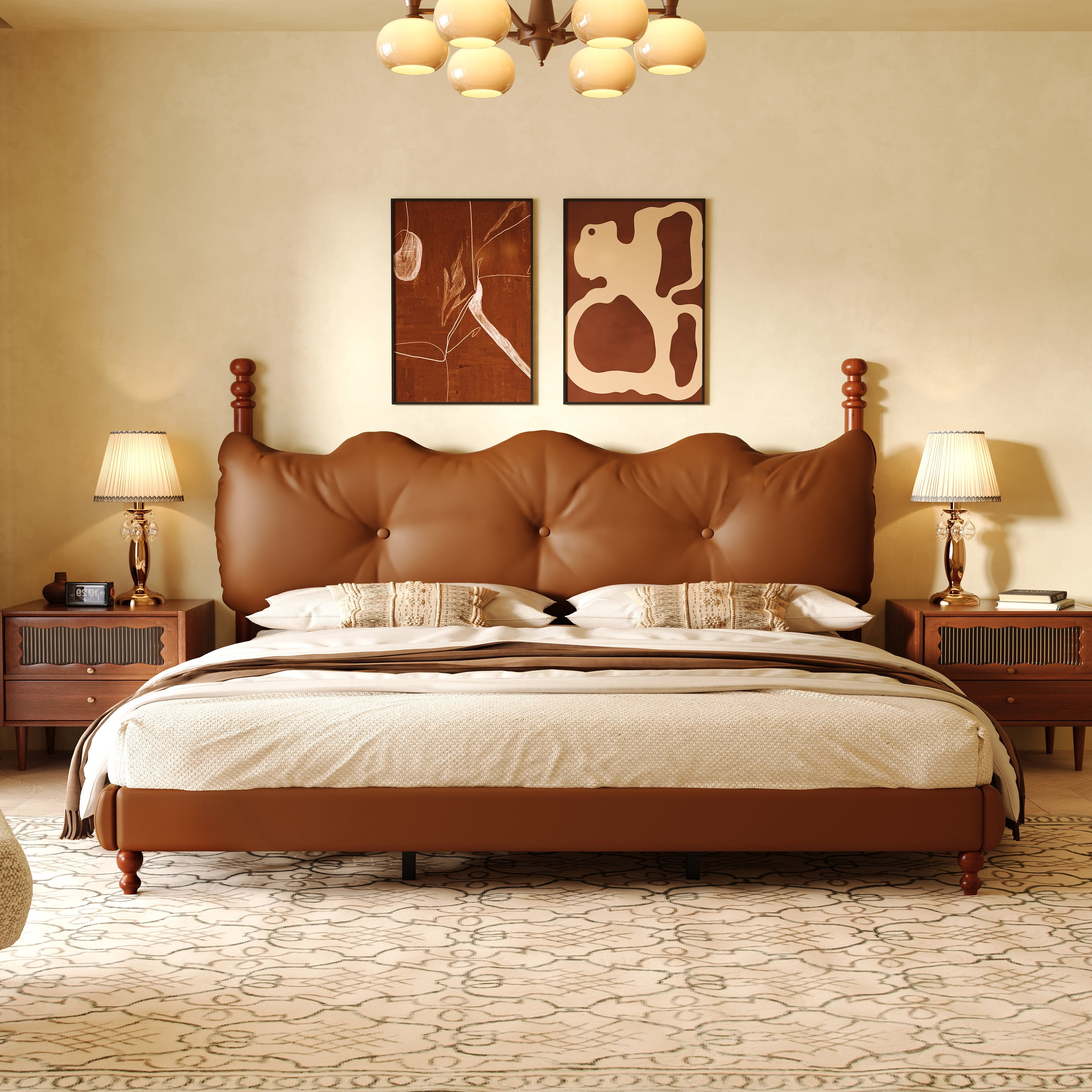 Noble House Lit Plateforme Grand Rembourré avec Tête de Lit, Cadre de Lit en Cuir PU avec Poteaux en Bois, Brun