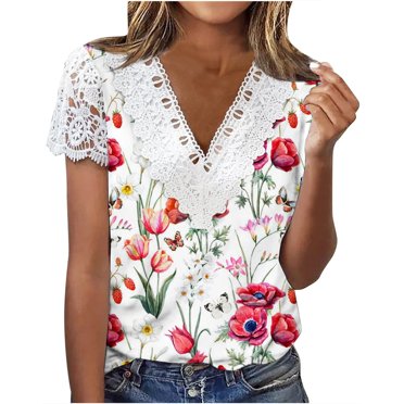 Women Summer Tops Clearance-Sale Short Sleeve Printing Floral Pattern Lace T-Shirts V-Neck Classic Fitted Tee Fashion Trendy Ladies Softy Holiday Tops Red,L