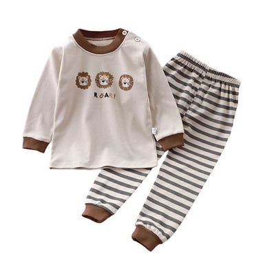 VOAVEKE Pyjama pour Garçons, Pyjama pour Enfants, Ensemble de Détente à Imprimé Rayé Doux pour Enfants avec Haut à Manches Longues à Col Rond et Taille Élastique Ajustable pour un Confort Toute la Journée Kaki 1-2 Ans