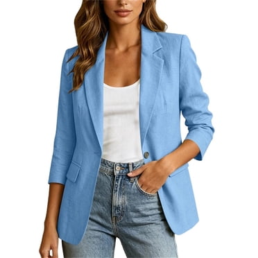 ShomPort Women's Blazer Cotton Linen 3/4 Sleeve Button down Lapel Suit Jacket with Pockets Commuting Business Casual Blazer