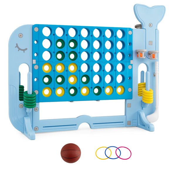 Costway Jumbo Connect Four Game with Ring-toss Basketball Golf Club & Balls 2 Cups Holders Blue