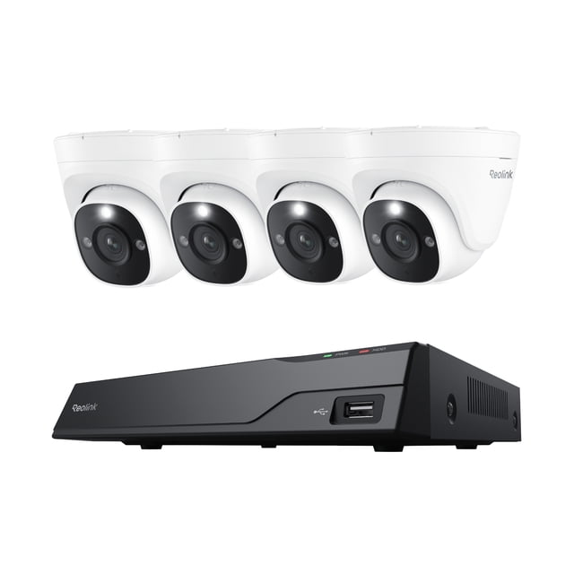Reolink NVS8-8MD4 8-channel PoE NVR system with four white 8MP 4K security cameras featuring black lens housings and a black NVR unit with USB port and status LEDs, offering smart detection for people, vehicles, and animals plus spotlight night vision for clear surveillance.