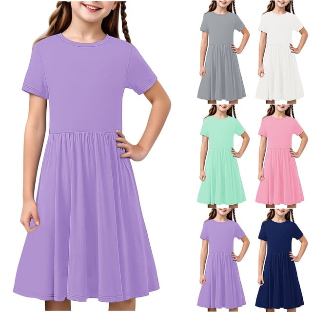 Milgrthf Robe d'Été à Manches Courtes pour Filles, Ligne A, Évasée, Basique, Patineuse, Tournoyante, Robe de Fête 5-14 Ans Vert