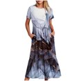 thumbnail image 1 of Pisexur Robes d'Été de Plage pour Femmes Décontractées à Fleurs à Manches Courtes Boho Robe Maxi à Fleurs Col Ras du Cou Smockée à Étages Fluide Longues Robes, 1 of 4