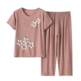 thumbnail image 1 of Mikilon Ensemble Élégant pour Femmes 2 Pcs Coton Lin Costume Deux Pièces Manches Courtes Col Rond Haut Imprimé Pantalon Ensemble Kaki L, 1 of 3