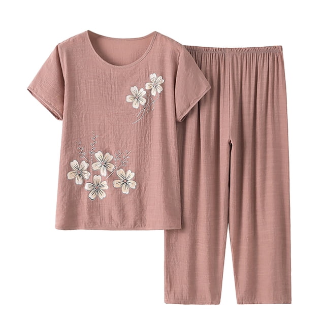 Mikilon Ensemble Élégant pour Femmes 2 Pcs Coton Lin Costume Deux Pièces Manches Courtes Col Rond Haut Imprimé Pantalon Ensemble Kaki L