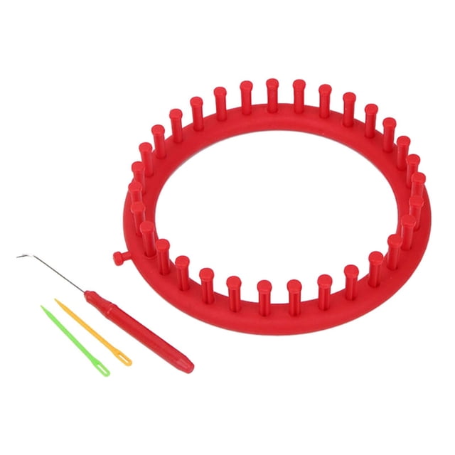 Knitting Loom Set Stitch Knit Portable Multipurpose Knitting Yarn Loom Weaving Tool with a red circular loom, a red crochet hook, and two plastic pins in green and yellow. Made of durable and lightweight PP material, this set is ideal for DIY knitting projects like shawls, scarves, and sweaters. Diameter of the loom is 19cm.