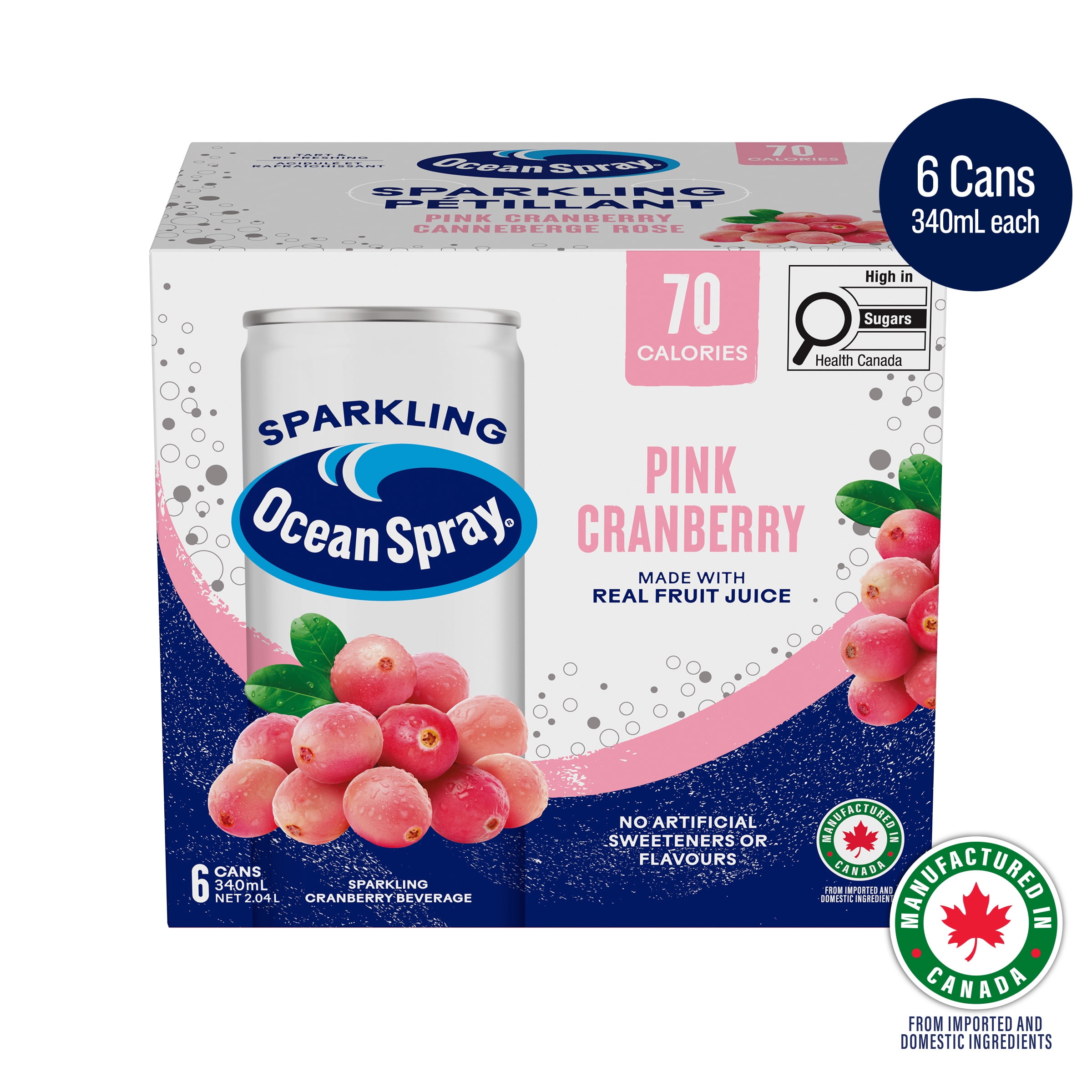 Ocean Spray boisson pétillante rose 6 canettes. Une explosion de bulles fruitées. Le goût rafraîchissant des canneberges roses, blanches et rouges mêlé à des bulles. Sans allergènes. Recyclable.