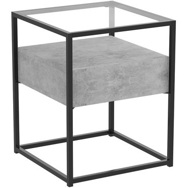 Safdie & Co. Accent Table 17L Dark Cement 1 Drawer Glass Top Black Metal