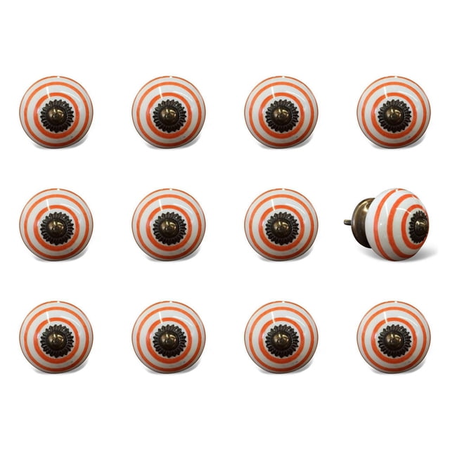 KNOB-IT vintage handpainted ceramic knobs 12-pack arranged in three rows on white, each knob featuring orange concentric circles on white ceramic with an antique brass center and bolt, ideal for cabinet and drawer hardware updates.