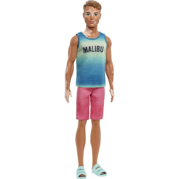 ​Barbie Ken Fashionistas Doll #192, Brown Cropped Hair, Vitiligo, Malibu Tank, Red Shorts, Blue Sandals, Toy for Kids 3 to 8 Years Old