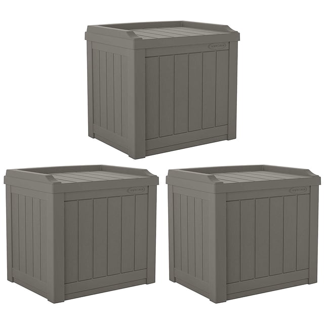 Suncast Coffre de Terrasse Extérieur de 22 gal pour Petit Patio avec Siège de Rangement, Pierre (Lot de 3)
