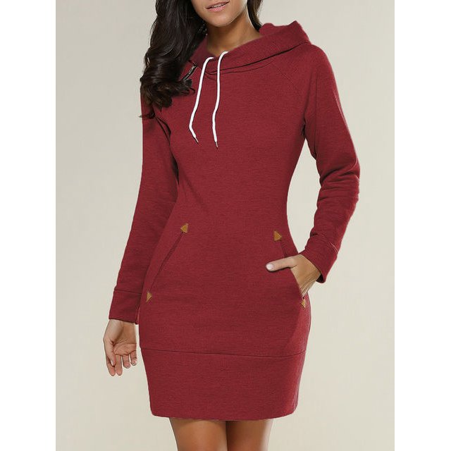 Spring Autumn Hooded Drawstring Women‘s Sweatshirt Dress Fashion Solid Pocket Package Hip Ladies Mini Dresses Plus Size