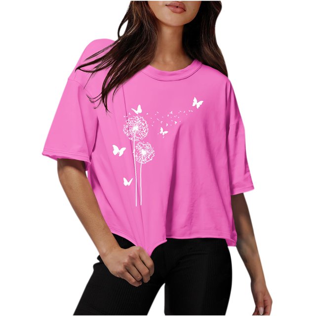 Blouses for Women Drop Shoulder Round Neck Oversized Crop Tops Workout Tops Tees
