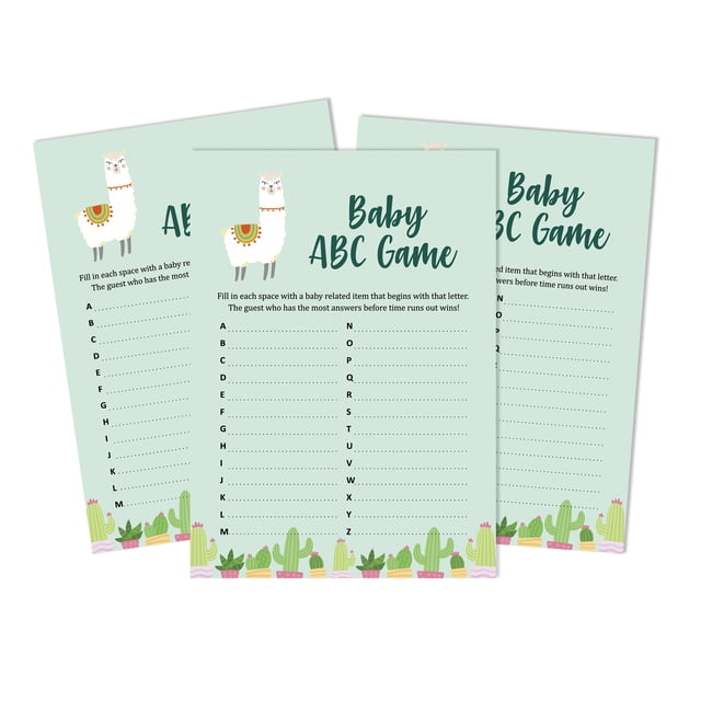 Inkdotpot Baby Shower Game Set Of 50 BabyAlphabetABCGame Llama Gender Neutral Party Supplies