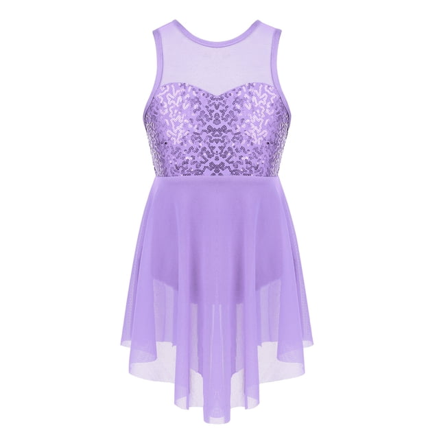 Jelory Robe de Danse Ballet pour Filles Enfants Paillettes Jupe Lyrique Découpée Dos Patinage Artistique Compétition Danse Lavande 14