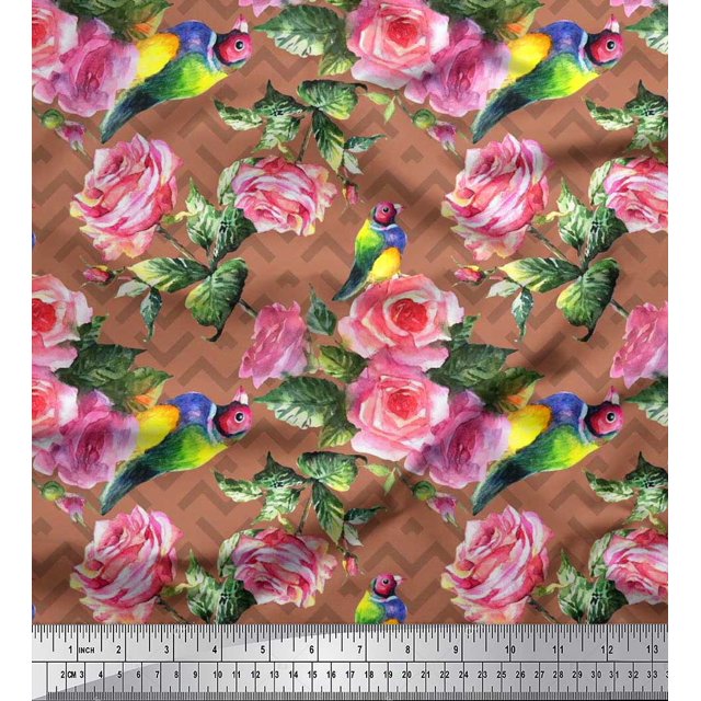 Soimoi Poly Georgette Fabric Bird,Leaves & Rose Floral Print Fabric by Yard 42 Inch Wide
