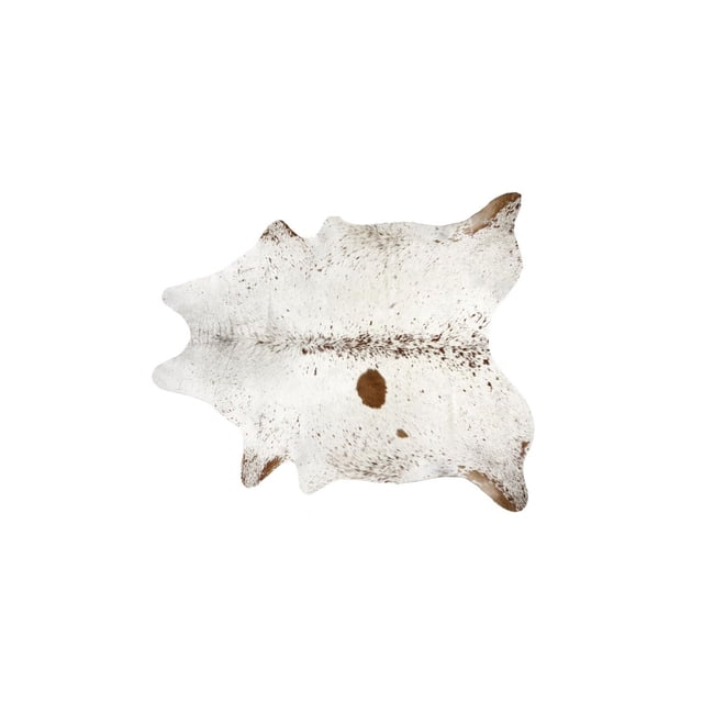KOBE Sel et Poivre Cuir de Vache RUG 5 Pieds x 7 Pieds avec Forme Irrégulière Naturelle, base Blanche avec de Fines Taches Brunes et Deux Grandes Taches Brunes, Cuir de Vache à Poil Ras Doux Convenant à un Usage Intérieur Très Passant et Entretien Facile.