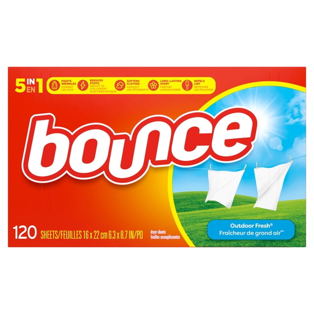 Bounce Fabric Softener Sheets Outdoor Fresh Scent box with 120 dryer sheets sized 16 x 22 cm (6.3 x 8.7 in), featuring a red and yellow package, white clothes hanging on a line under a sunny blue sky, and icons highlighting 5-in-1 benefits: fights wrinkles, reduces static cling, softens fabrics, long-lasting scent, and repels lint.