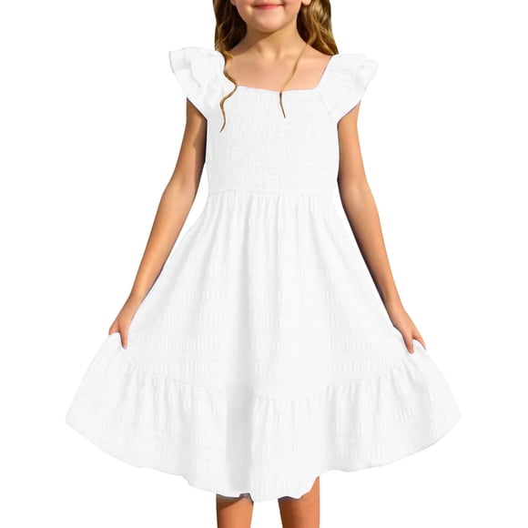 FhsagQ Girls Summer Dresses Smocked Sleeveless With Pockets (White Size 5-6 Years)