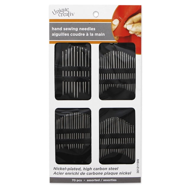 Unique Creativ Hand Sewing Needles in Assorted Sizes pack with 70 nickel-plated, high carbon steel needles in four black holders, including embroidery, darner, between, and sharp needles ideal for fine stitching on heavy fabrics, tailoring, and quilting.
