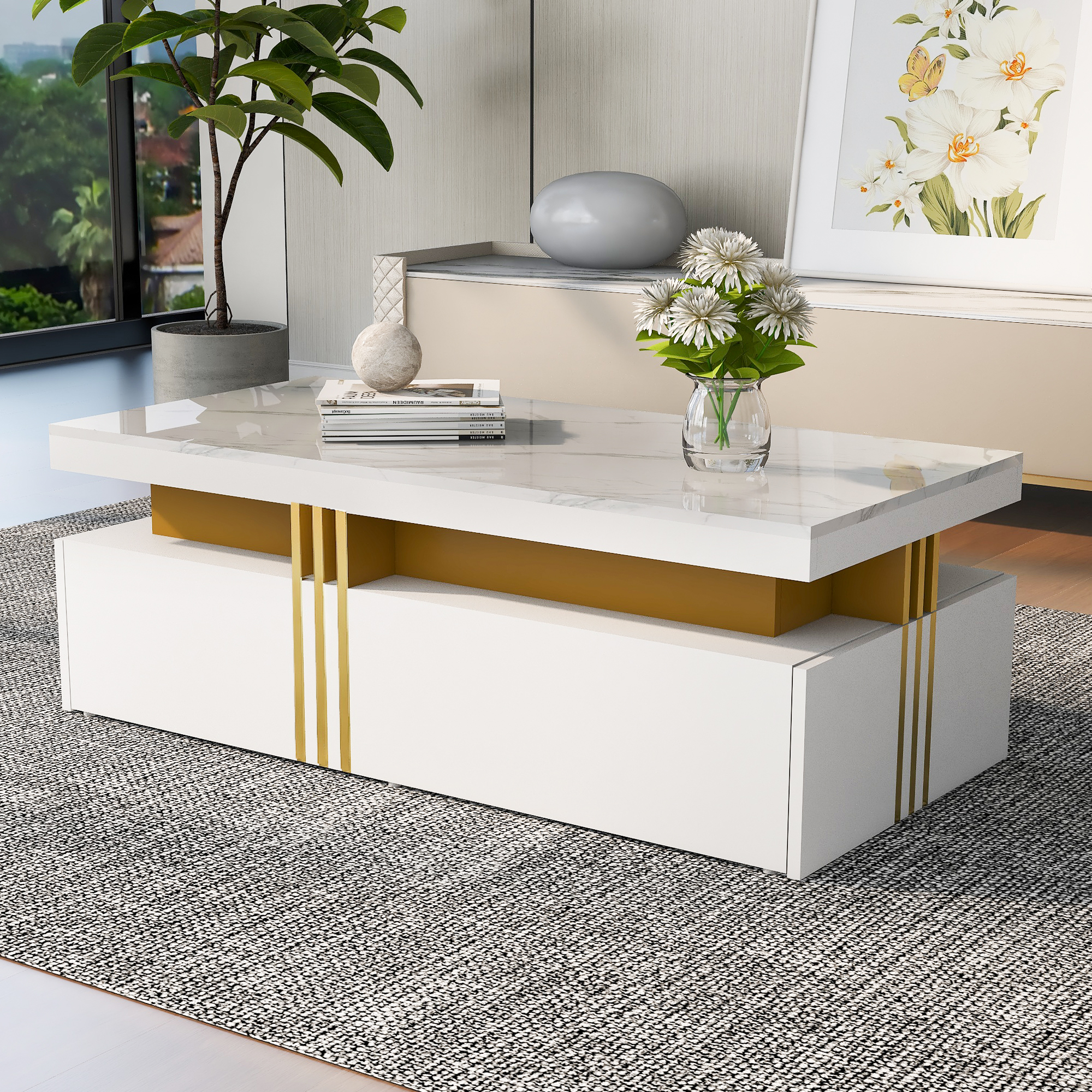 Table basse moderne Noble House, plateau laqué brillant effet marbre, blanche