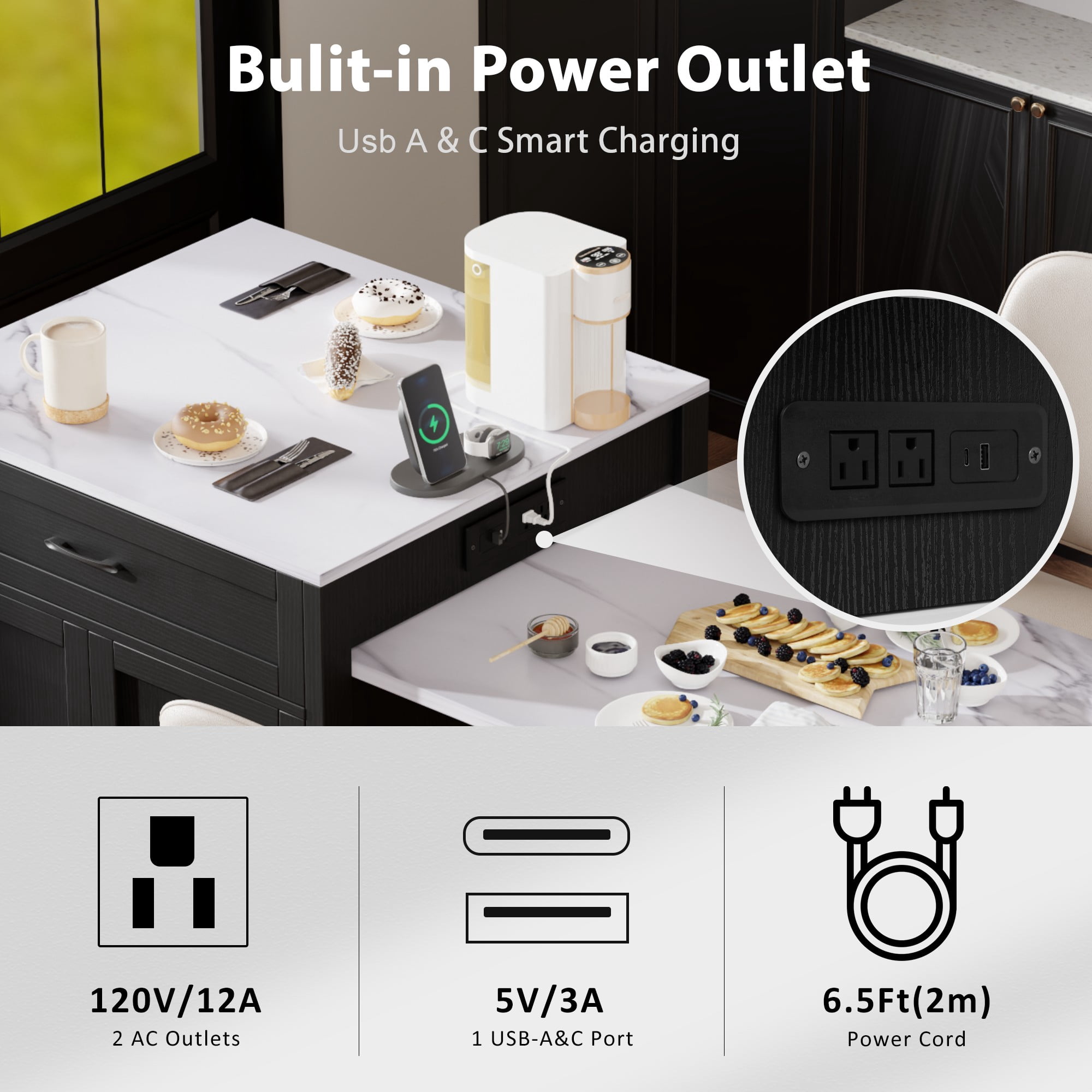 Îlot de cuisine Noble House 82,7 po avec table à manger extensible pour 4 à 6 personnes, noir