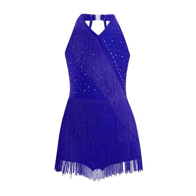 Ocealan Robe de Danse Latine Jazz pour Filles Enfants Costume de Danse Tango Rumba Samba Brillant Justaucorps à Franges Bleu 12