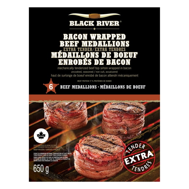 Black River Beef Medallions 6 packs featuring six seasoned, extra tender beef sirloin medallions wrapped in bacon, uncooked and frozen, shown grilled with sear marks on a barbecue grill, weighing 650 grams.