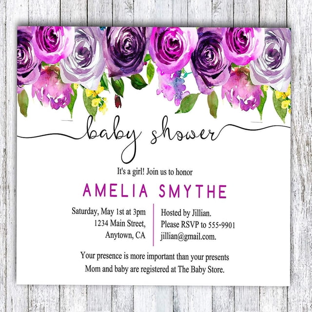 Darling Souvenir Custom Purple Floral Printed Baby Shower Invitations Girl/ Boy| 10 Personalized Invites With Envelopes 5 x 7