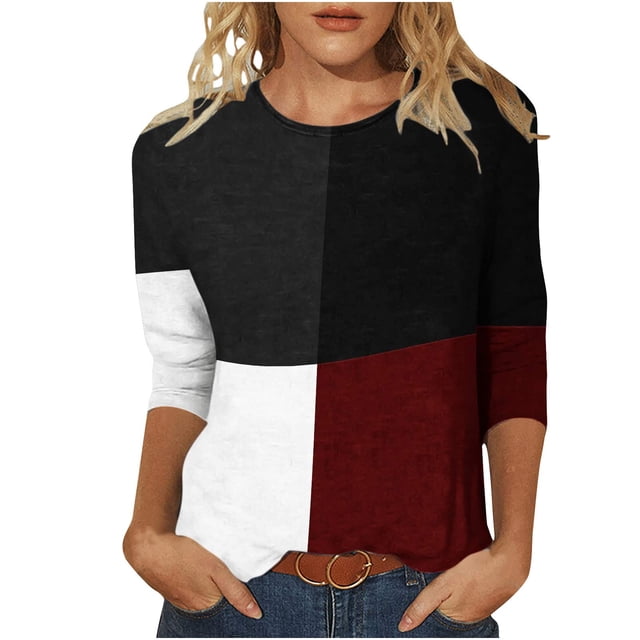IROINID Rabais T-Shirts pour Femmes à Manches 3/4 Imprimés T-shirt Ample Blouse Mi-Longue Col Rond Hauts de Détente, Bordeaux
