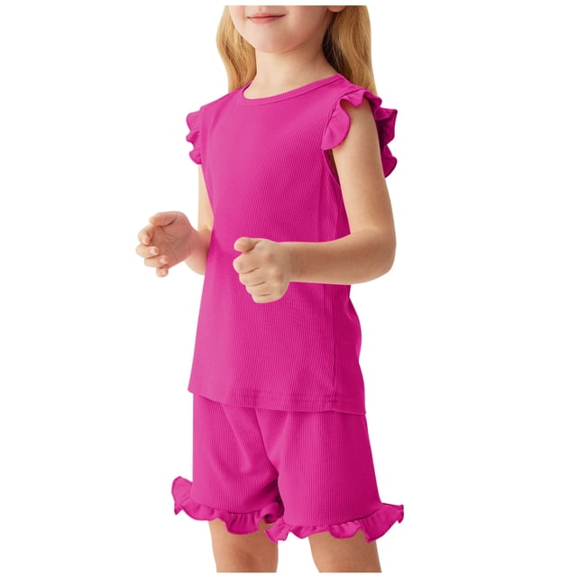 RXIRUCGD 2025 Vêtements d'Été pour Enfants Ensemble d'Été pour Enfants Couleur Unie Confortable T-Shirt à Manches Courtes à Col Rond et Ensemble de Shorts pour Enfants