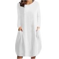 thumbnail image 2 of Robe de Bal Mode Décontractée Col Rond Manches Longues Coton Lin Robe Mi-Mollet Poche Robes Unies Robes de Soirée pour Femmes Élégante Chic en Liquidation, 2 of 8