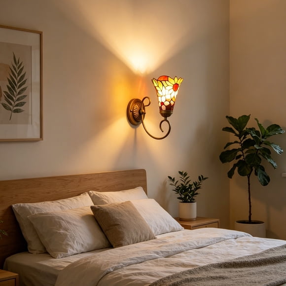 Roiihwy Bedside Wall Sconces Lamp, Vintage Gooseneck Wall lights, Flowers Stained Glass Shade Wall Light Perfect for Bedroom, Living Room and Hotel
