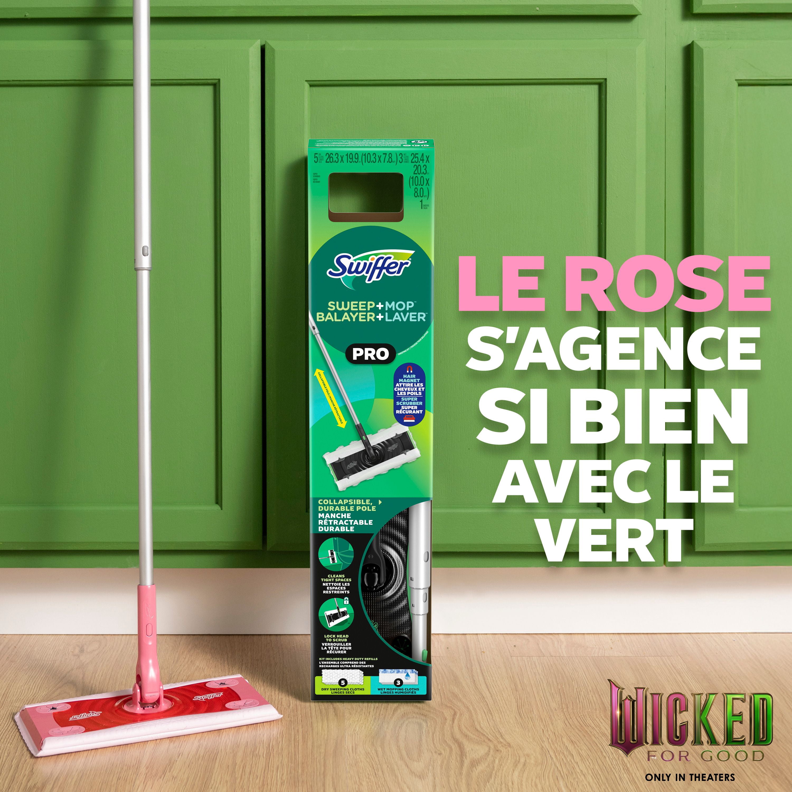 Swiffer Balayer et laver Pro, MÉCHANT SÉRIE Rose LIMITÉE, trousse pour balayage et de lavage 2 en 1 pour les planchers, trousse de nettoyage multi-surfaces, la trousse comprend 1 balai, 5 linges secs