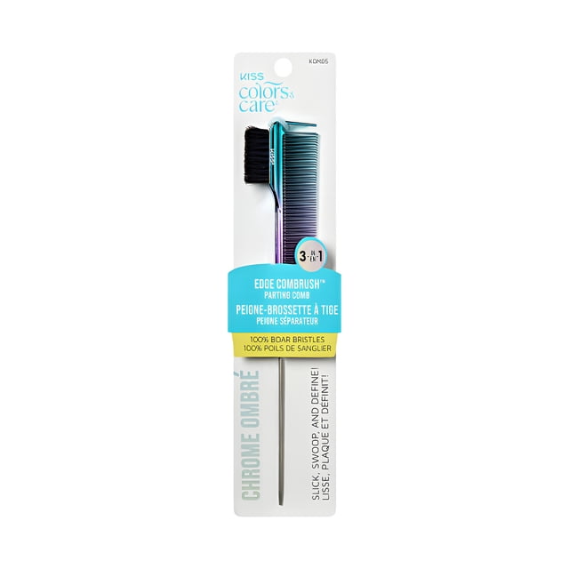 KISS - Hair Color & Care Edge Combrush - Chrome Ombre featuring 3-in-1 design with 100% natural boar bristles for smoothing edges, a narrow comb for styling, and a pin tail for precise parting, finished in a chrome ombre gradient on white packaging.